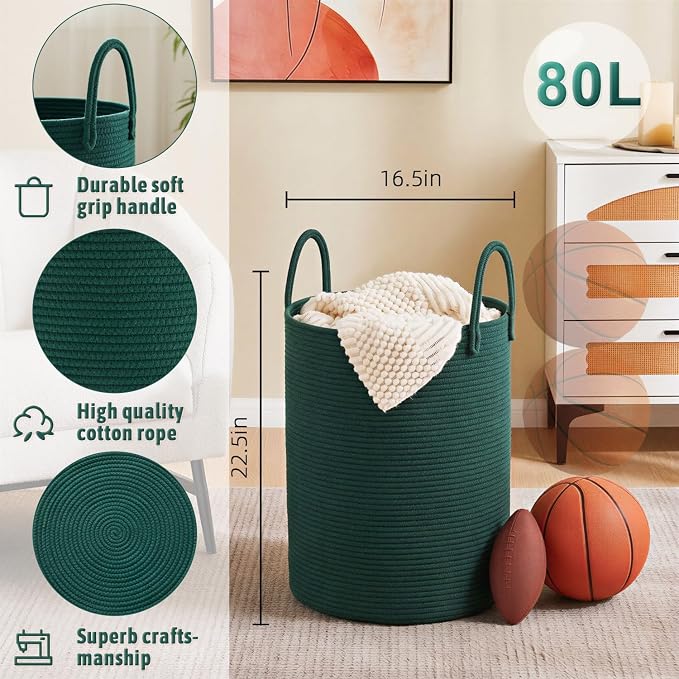 Artfeel Laundry Basket, Woven Cotton Rope Laundry Hamper, 80L - Image 6