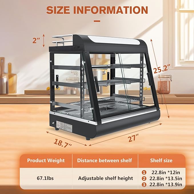27 inch Commercial Food Warming Cabinet, 3 Tier Countertop Heated with Top Rack for Pizza/Pretzel, Three Color, Temper Glass, w/Thermometer Adjustable Thermostat for Cafe Kitchen Restaurant