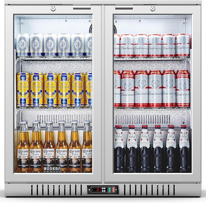 BODEGA BODEGACOOLER Back Bar Cooler With 2 Glass Doors,7.4 Cu.Ft Stainless Steel Commercial Back Bar Fridgewith LED Lighting, Counter Height Bar Beverage Cooler for Beer,Soda Drinks,Wine