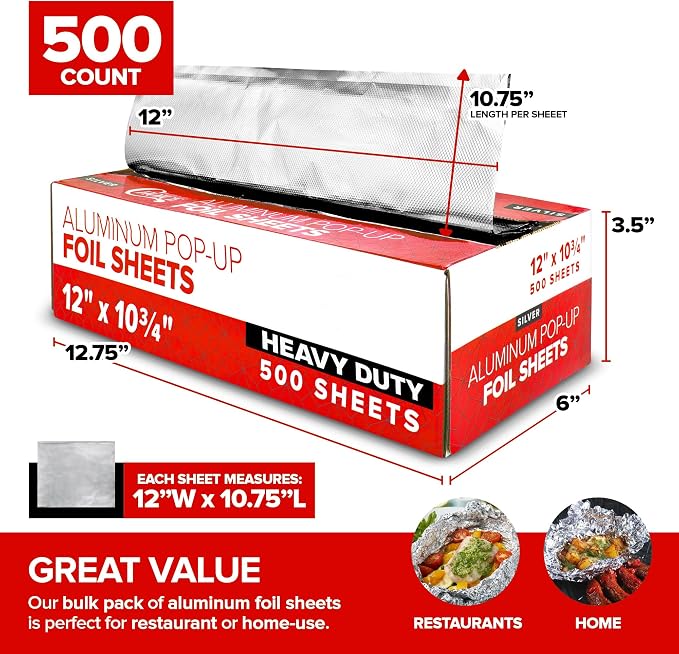 12' Ultra Heavy Duty Pop Up Deli Aluminum Foil, 500 Pre-Cut Sheets, Hot Dog or - Image 2