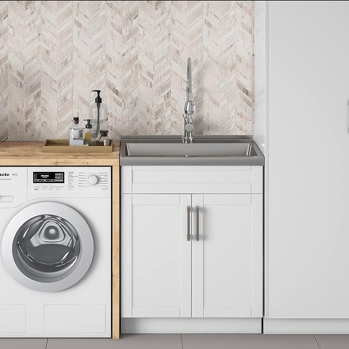 SIMPLIHOME Hennessy All-in-One 28 inch Wide Utility Sink and Laundry Cabinet in Pure White Finish, Transitional Stainless Steel Sink Cabinet for Laundry Rooms with High-Arch Chrome Faucet and Storage