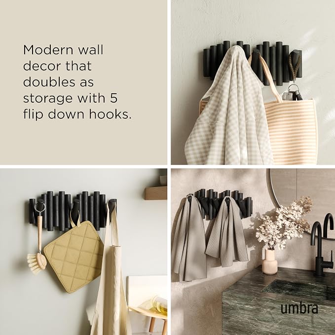 Umbra Picket Coat Rack, Wall Mount 5 Flip-Down Coat Hooks - Image 4