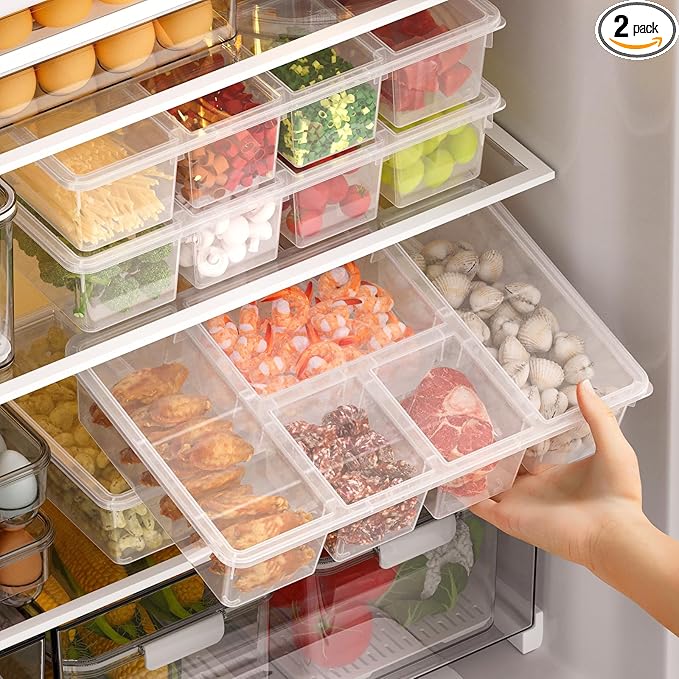 Taiuloo 2 Pack Divided Veggie Tray with Lid, Salad Bar Containers for Fridge Organizer, 5 Compartment Snackle Box Container, Clear Plastic Food Storage & Seving for Fruit, Vegetable, Snack, Meal Prep