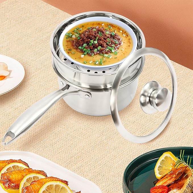 Steamer 18cm/7.08in, 2-tier Polished Stainless Steel Steam Cooker w/Clear Lid, 14cm/5.51in Saucepan w/ 19cm/7.48in Handle, Home Stackable Steam Pot for All Stoves (1xBottom Pot, 1xSteaming Basket)