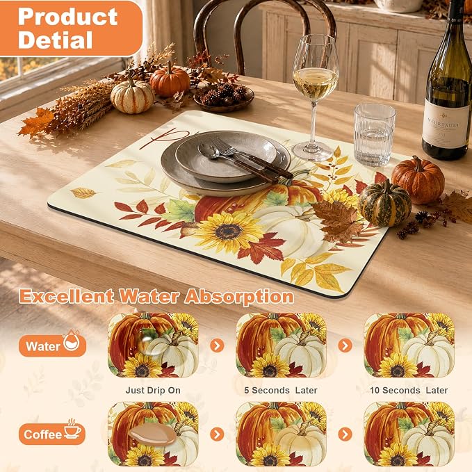 LOKHOM 12"x20" Fall Dish Drying Mat，Autumn Harvest Hello Pumpkin Sunflower | - Image 3