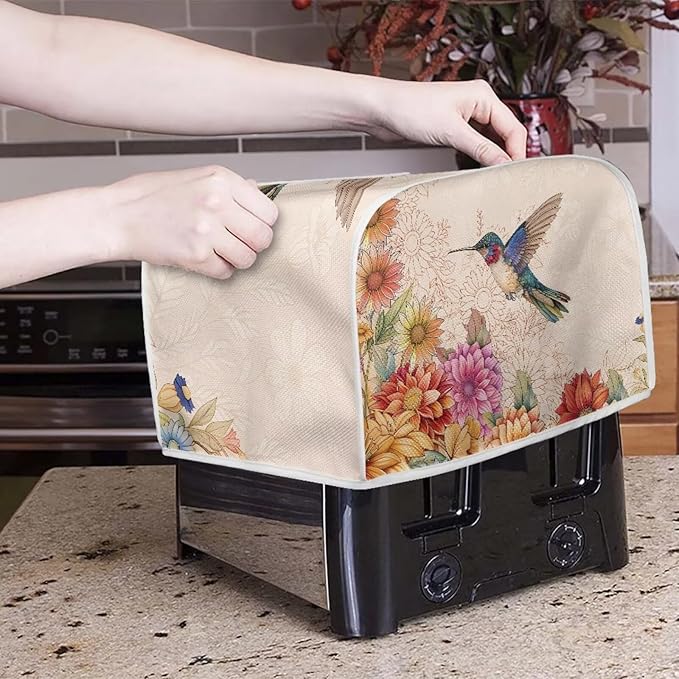 Hummingbird Boho Flower Print Toaster 4 Slice Cover Universal Size Kitchen Appliance Bread Maker Cover Kitchen Home Decor