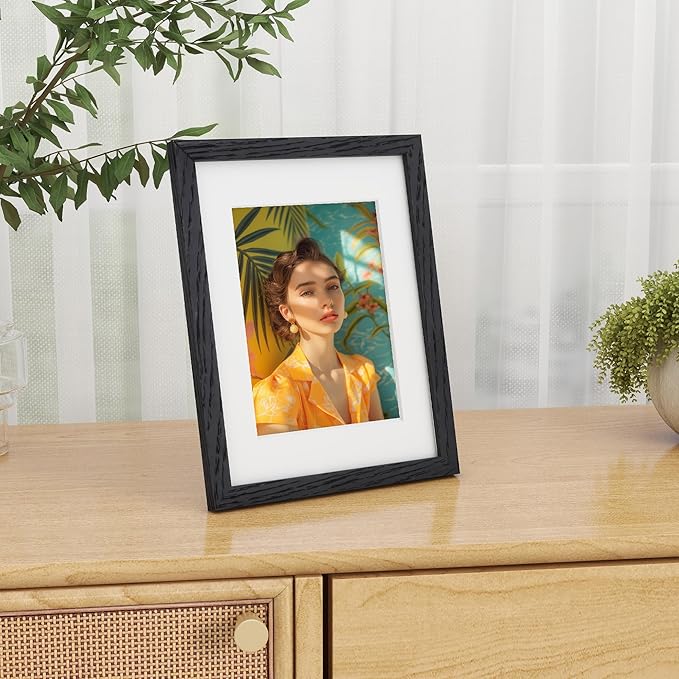 Black Picture Frame 8.5x11, Natural Oak Wood 8.5 x 11 Photo Frame, 8.5 by 11 Frame for Wall, 8.5x11 Picture Frame with Mat for 6x8, Tempered Real Glass, Black Color, Set of 1