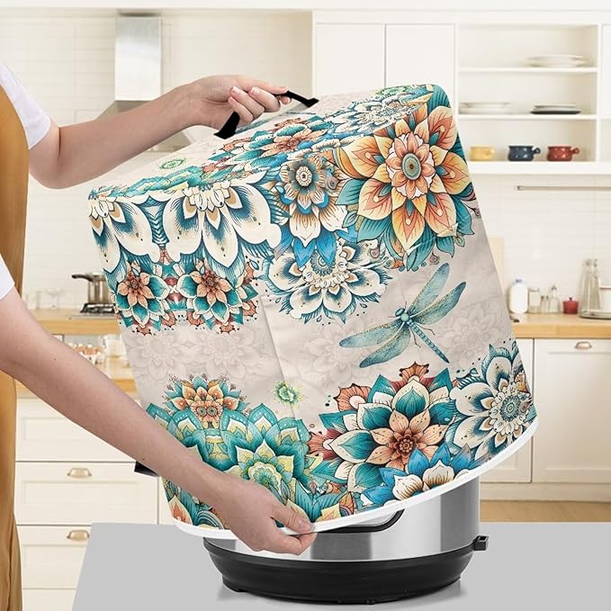 TODIYADDU Blue Dragonfly Instant Pot Cover for 6 Quart Instant Pot Boho Mandala Flower Kitchen Appliance Dust Cover with Handle