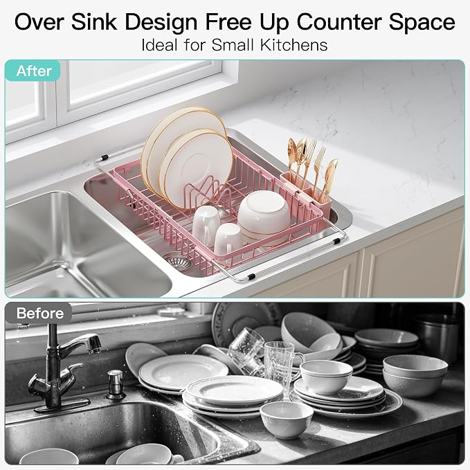 JASIWAY Pink Dish Drying Rack Over the Sink - Image 2