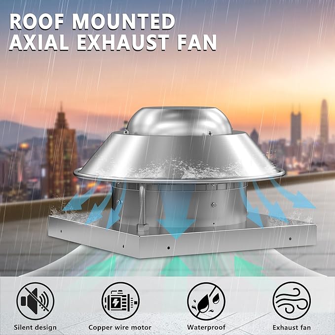 Roof Exhaust Fan Direct Drive Axial Downblast Exhaust Fan -19" Fan Base, 1/10 HP 115 Volt Single Phase Motor 830 CFM, ETL Listed
