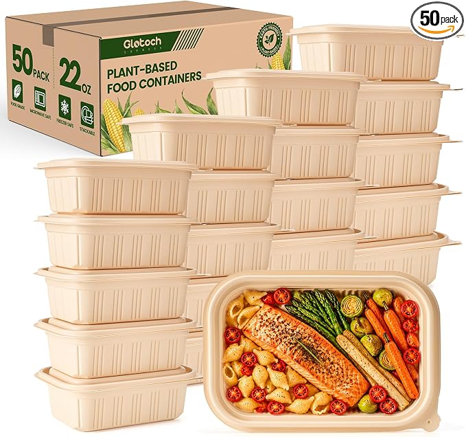 50 Pack Food Containers with Lids, 22oz Meal Prep Containers Reusable by GlotochExpress