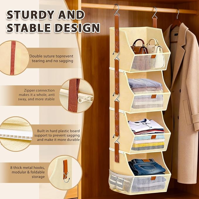Fabric Hanging Closet Clothes Organizers and Storage Detachable 4 Tier | - Image 3