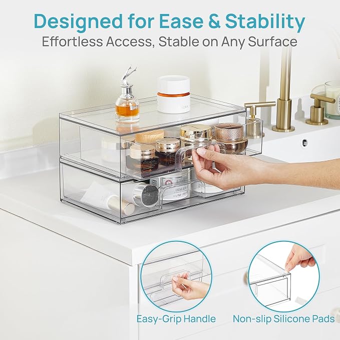 Vtopmart Clear Stackable Storage Drawers, 4 Pack Wide Plastic Organizers | - Image 8