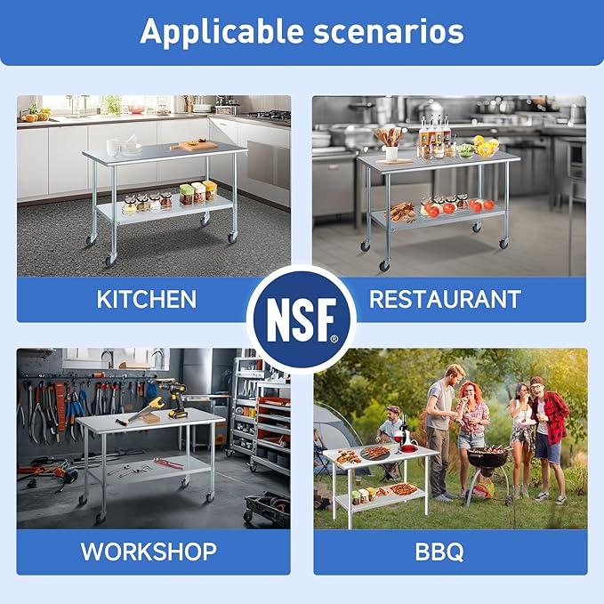 ROCKPOINT Stainless Steel Table for Prep & Work with Caster Wheels 30x36 Inches, NSF Commercial Heavy Duty Table with Undershelf and Legs for Restaurant, Home and Hotel