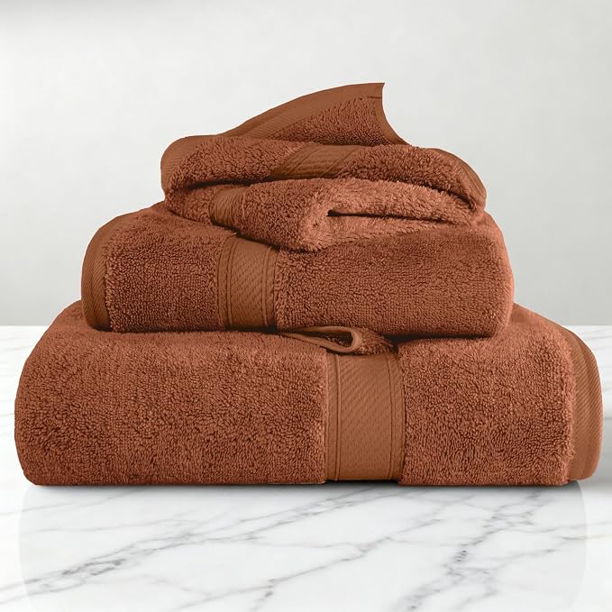 SUPERIOR Egyptian Cotton Ultra Plush & Absorbent, 3 Piece Set, Rust | Quick Dry - Image 2