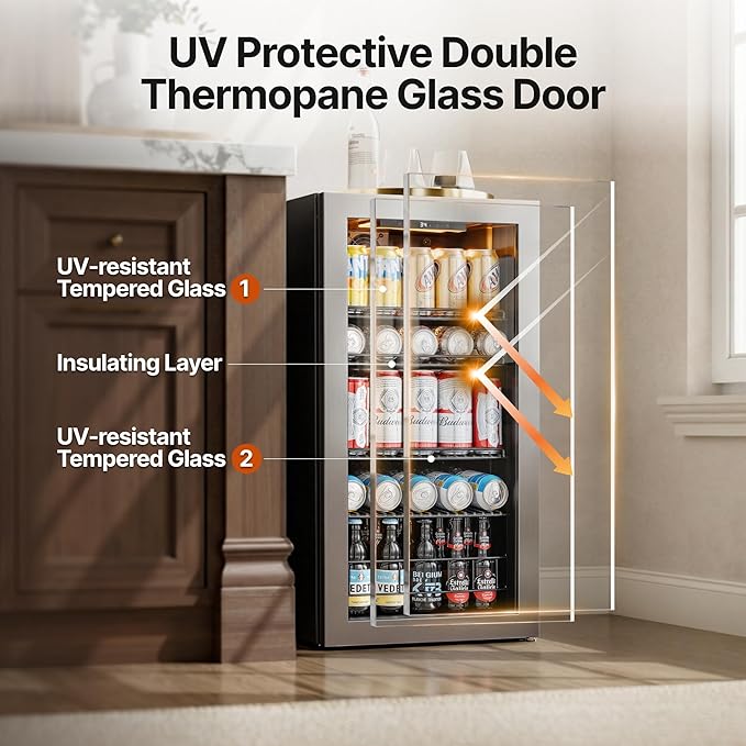 Ca'Lefort 105 Cans Beverage Cooler Mini Fridge, Beverage Refrigerator with Reversible Glass Door, Adjustable Shelves for Soda, Beer & Wine, Digital Temperature Control for Home, Office, Bar or Dorm