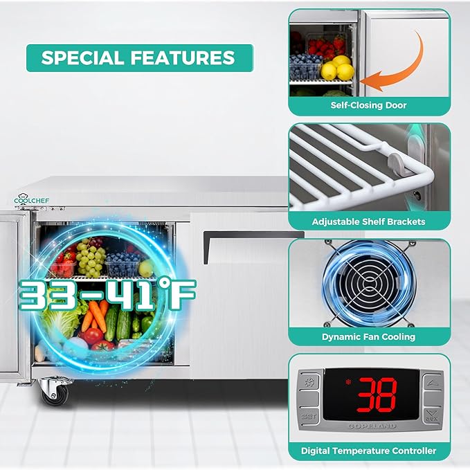 48" Commercial Double Door Worktop Refrigerator, 12.2 Cu.ft Stainless Steel Undercounter Prep Table Fridge, R290 Commercial Cooler with Casters