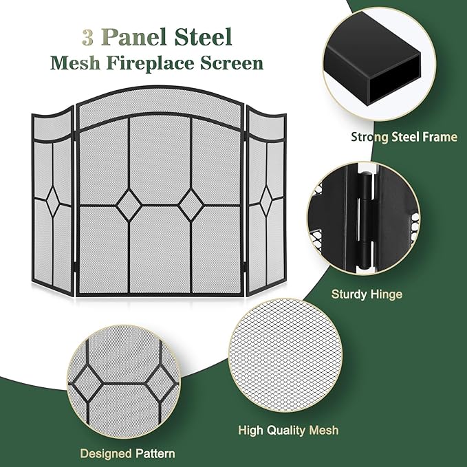 FEED GARDEN 3 Panel Fireplace Screen Wrought Iron 48" W x 30" H Foldable Heavy Duty Fire Spark Guard Cover with Metal Decorative Mesh for Living Room, Home Decor Indoor, Black
