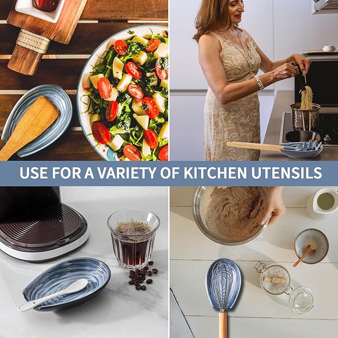 Hasense Spoon Rest Set of 2 for Stove top, Cooking Spoon Holder for Kitchen Counter, Ceramic Utensil Rest for Ladle, Spatula, Tong and Spoon, Heat-Resistant Spatula Holder, Grayish Blue