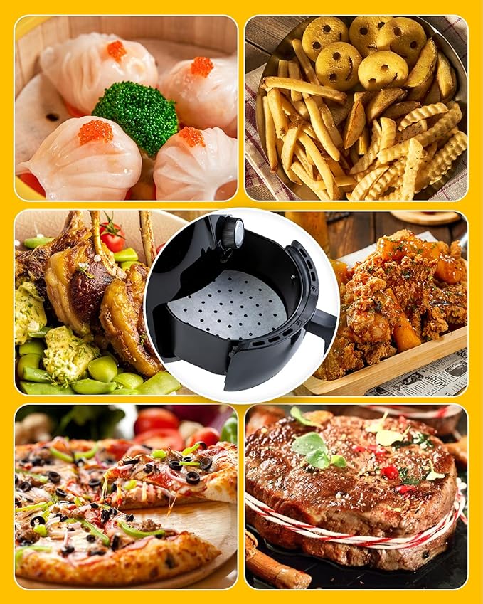 Katbite 9 Inch Air Fryer Liners, 120 Non-Stick Perforated Parchment Papers for Air Fryer, Bamboo Steamer Liners