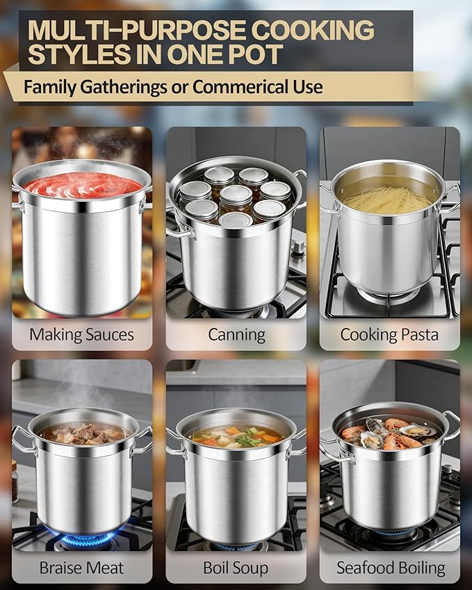Stainless Steel Stock Pot with Lid – 24 Quart (6 Gallon) Heavy-Duty Cooking Pot for Soup, Stew, Pasta – Commercial & Home Use, Easy to Clean