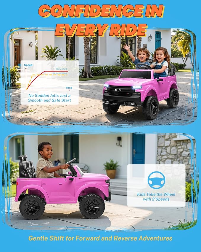 ENYOPRO 24V 2 Seater Electric Car for Kids, Licensed Chevrolet Silverado LT Trail Boss Kids Ride on Car w/Remote Control, LED Lights, Bluetooth, 90W Motor, All-Terrain Wheels, Truck Bed Storage, Pink