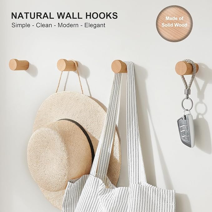 Wood Wall Hooks for Hanging, 6 Pack Rustic Coat Hooks Wall Mount, Handmade - Image 2