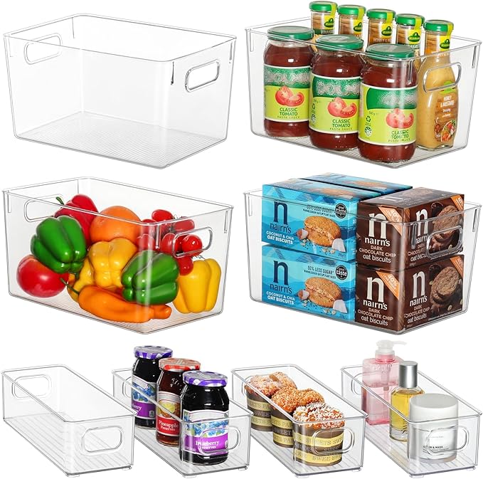 Clear Storage Bins 8 Pack for Pantry Organizers, 4 Large Plastic Pantry Organizer Bins and 4 Small Stackable Storage Containers for Kitchen Cabinet, Home Edit, Freezer Fridge Organizer