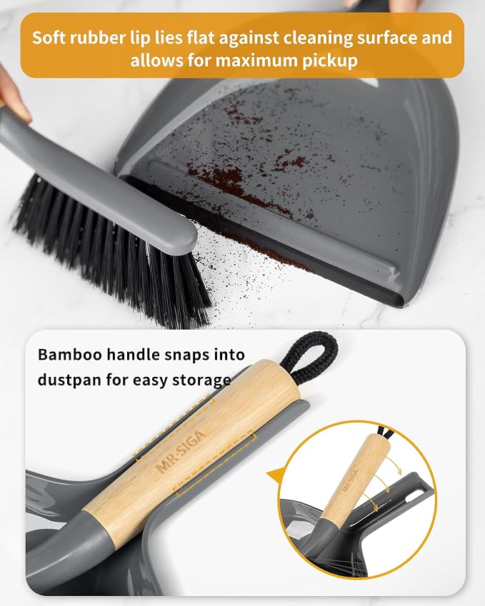 MR.SIGA Dustpan and Brush Set, Bamboo Handle, 1 Set | Handheld brush and - Image 3