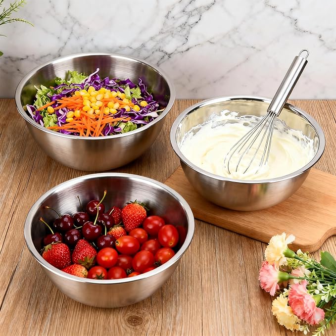 3-Piece Stainless Steel Mixing Bowls (8.26") Metal Bowl Set with Measurement Marks, Dishwasher Safe & Stackable - Perfect for Baking, Salad Making, Meal Prep