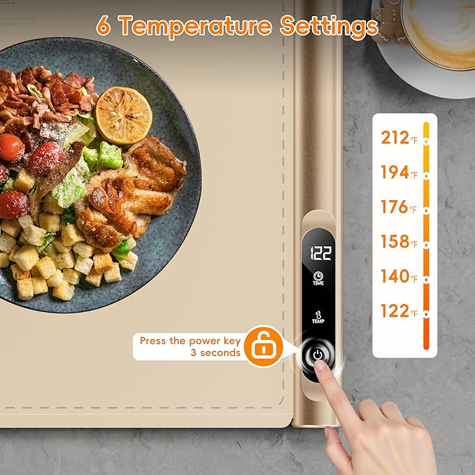 Graphene Food Warming Mat - Rapid Heating with 6 Temp & Timer, Portable Electric Warming Tray for Party Buffet Countertop, Family Meals, Beige