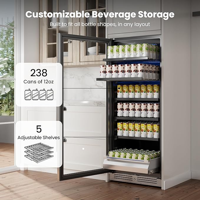 Yeego Beverage Refrigerator 24 inch - 238 Cans Capacity Beverage Cooler, Upgraded Beverage Fridge Freestanding or Built-In, Drink Cooler for Soda, Water, Beer or Wine - For Kitchen, Bar or Office
