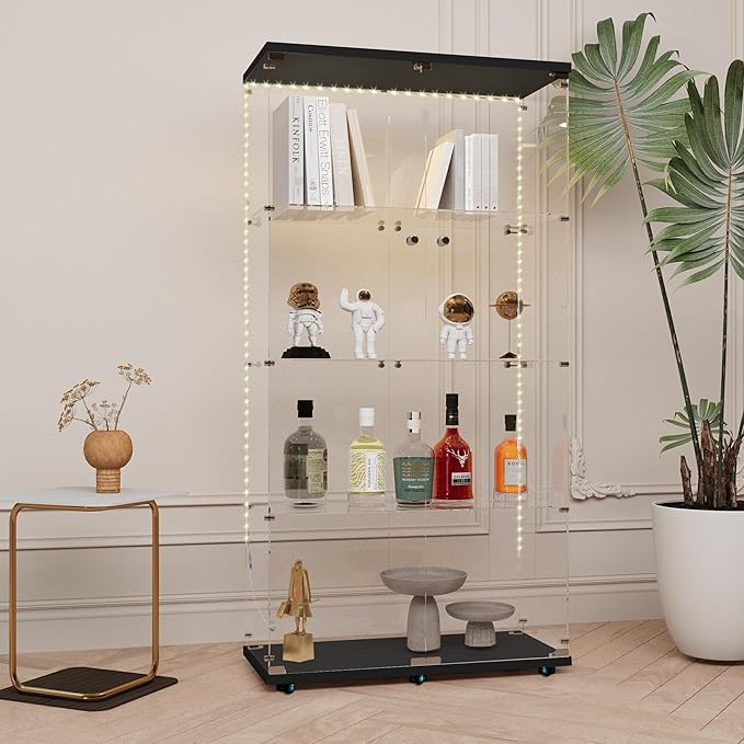 Yoluckea 4 Tiers Glass Display Cabinet with Bluetooth LED Light Strip, 2 Doors Floor Standing Curio Cabinet with Universal Wheel for Home Office Display, Black Glass Bookshelf for Collections,Wood Top