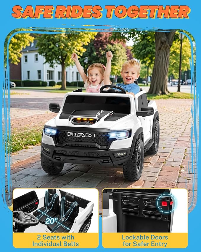 ENYOPRO 24V Ride on Toys for Big Kids, Licensed RAM 1500 RHO 2 Seater Toddler Ride on Car w/Remote Control, Kids Electric Car w/Truck Bed Storage, Real Tailgate, Music, LED Lights (White - High Door)