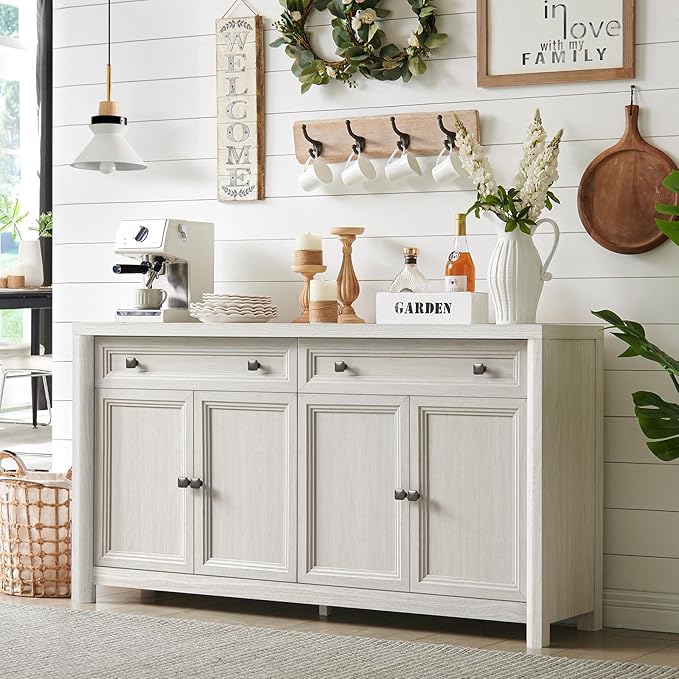 Farmhouse Sideboard Buffet Cabinet with Drawers, 59" Large Credenza Kitchen Storage Cabinets with Shelves & 4 Doors, Wood Rustic Coffee Bar Console Table for Living Room, White