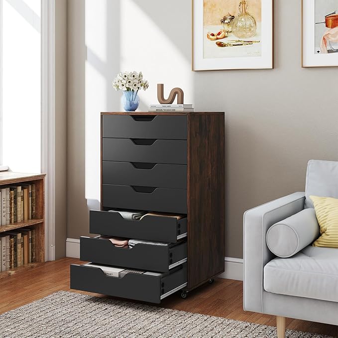 7 Drawer File Cabinet, Mobile Filing Cabinet w/Universal Wheels, Wood Printer Stand with Storage, Rolling File Cabinets for Home Office, Living Room, Bedroom (Rustic Brown, 7 Drawers)