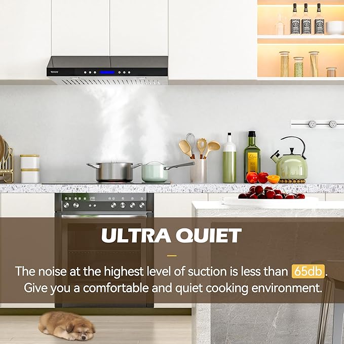 EKON 36 BLack New inches Under Cabinet Range Hood, 900 CFM Stainless Steel Kitchen Chimney Vent, 4 Speed Touch Screen Control With Remote 2Pcs 3W LED lights Dishwasher-safe Filters Fan Timer