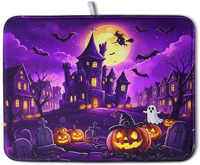 Halloween Dish Drying Mat for Kitchen Counter Witch Castle Bats Ghost Purple by Kwlegh