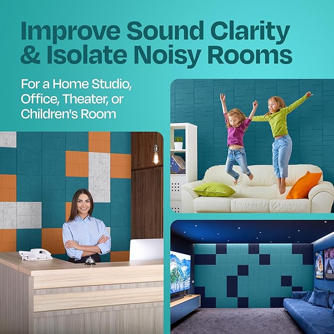 Acoustic Panels 12-Pack Soundproof Wall Panels 12"x12"x0.4" Decorative Sound Dampening for Your Home, Office, Studio, Bedroom & More with Unique GridFrame Carving [Light Turquoise]