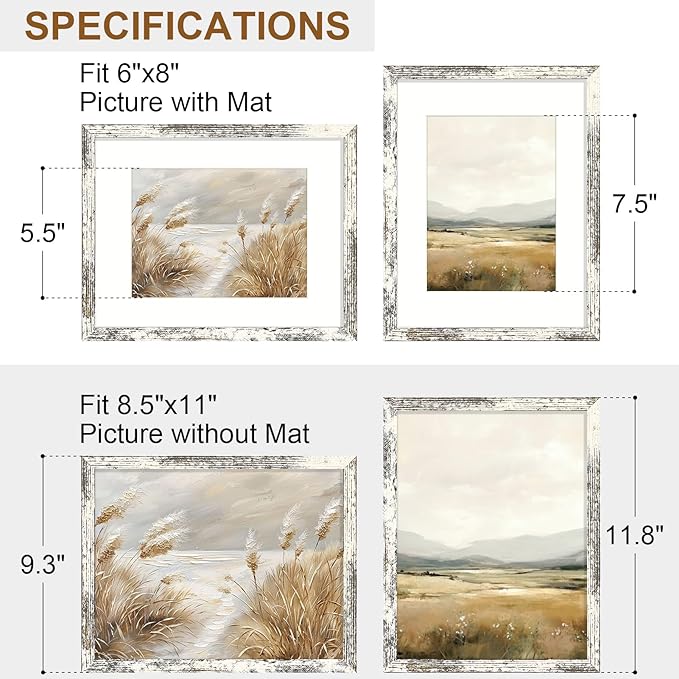Vittanly 8.5x11 Picture Frame Set of 2, Solid Wood Frame for Wall or Tabletop, Display Photo 6x8 with Mat or 8.5x11 without Mat, Distressed White