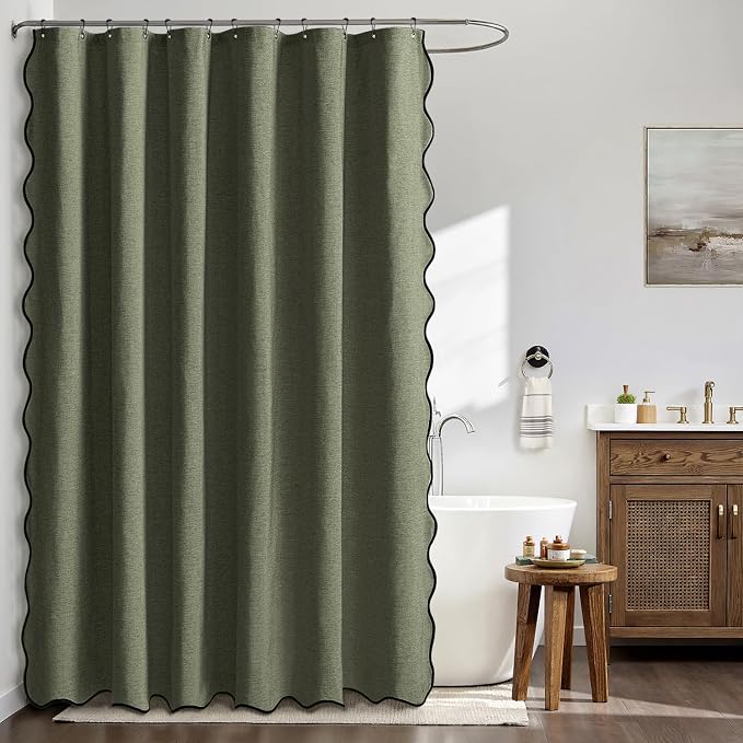 MIULEE Olive Green Scalloped Linen Shower Curtain 72x72 Inches - Image 3