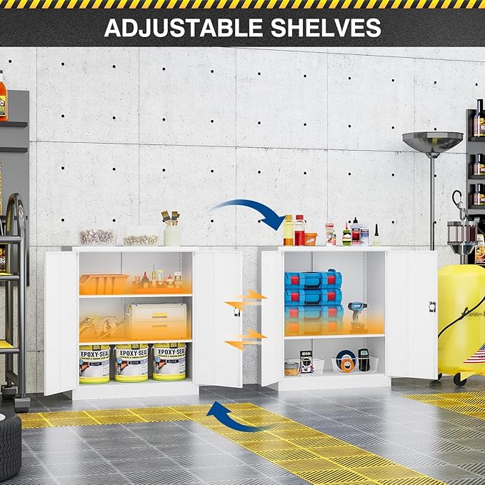 Metal Storage Cabinet-36” Tall Steel File Cabinets with Lockable Doors and Adjustable Shelves-White Steel Storage Cabinet for Home Office, School, Garag