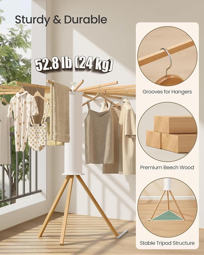 SONGMICS Clothes Drying Rack Foldable, Rotary Tripod Laundry Drying Rack - Image 4