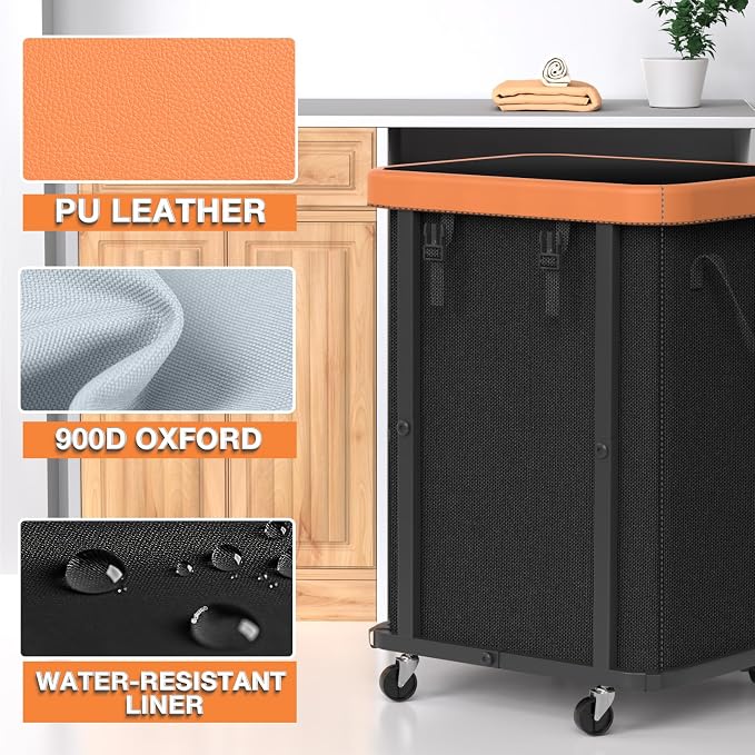 Laundry Hamper with Wheels, 150L Leather Patchwork Clothes Hamper Black - Image 2