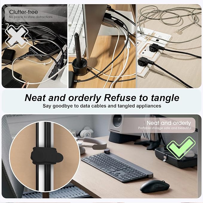Silicone Cable Ties, Cord Organizer Cable Management, 2Sizes-Black | Reusable - Image 3