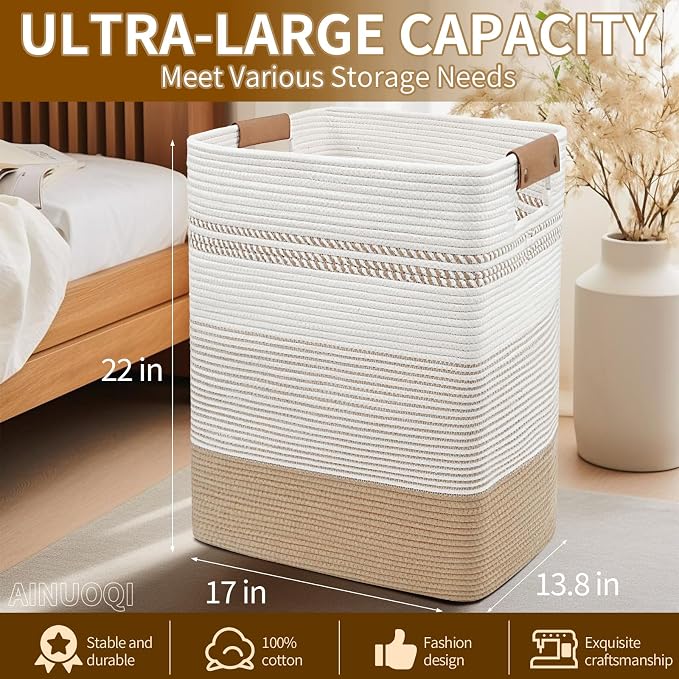 Large Laundry Hamper Basket, 85L Cotton Rope Woven Storage Bin - Image 2