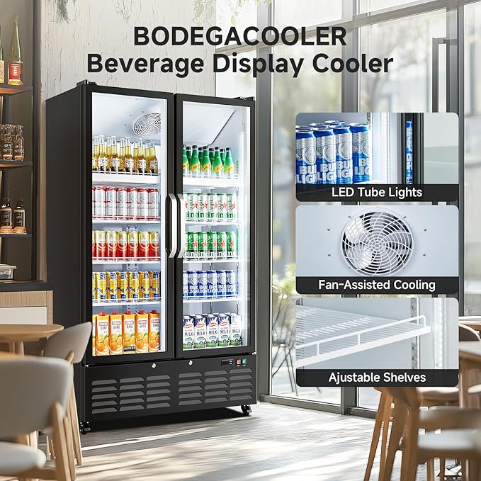 BODEGACOOLER Commercial Merchandiser Refrigerator, 2 Glass Door Display Refrigerator, 27.02 Cu.Ft Upright Beverage Display Cooler with Soft LED Light, Adjustable Shelves, 4 Strong Castors(Black)