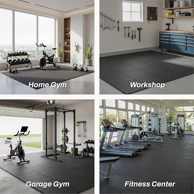 AIRHOP 0.56in Thick 24 Sq Ft Exercise Equipment Mats, 6 Tiles Upgraded Rubber Top with High Density EVA Foam, Large Interlocking Puzzle Gym Flooring for Home Gym, Heavy Weight Workout,Black & Blue
