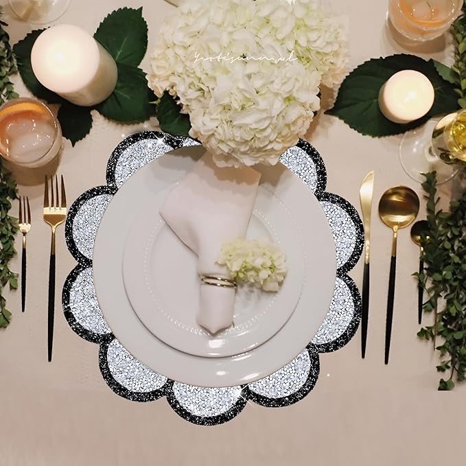 Washable Waterproof Diamond Circle Placemats for Round Tablescape Decor for Dinner and Kitchen Bling Placemats for Weddings & Special Events -6 PCS (Silver and Black)