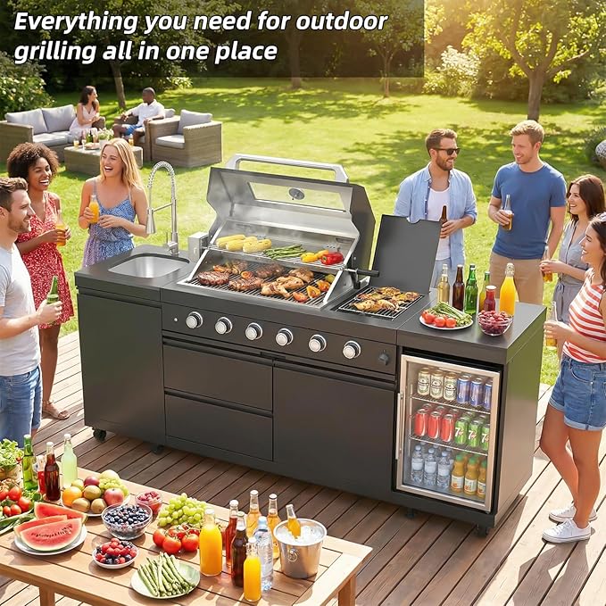 Outdoor Kitchen Island, 84.6 Inch 72000 BTU Gas Grill Combination With Refrigerator and Sink, Outdoor Stainless Steel Barbecue Bar, Propane Grill, for Patios, Gardens, Parties